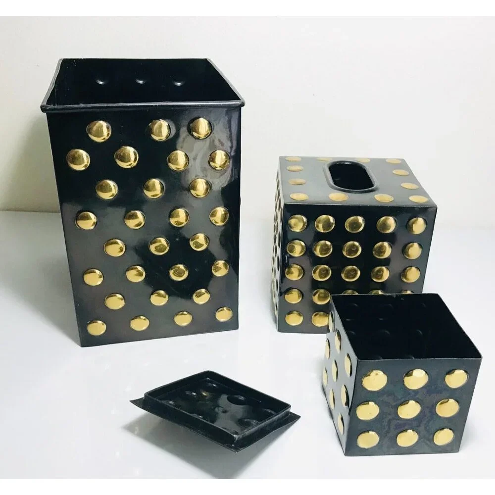3 Piece Set Black & Gold Polka Dot Bathroom Trash Tissue Nesting Matching Metal